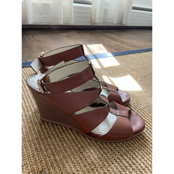 Brand New Brooks Brothers Leather Strap Wedge Sandals - US W8.5 - Cognac - Picture 1 of 12